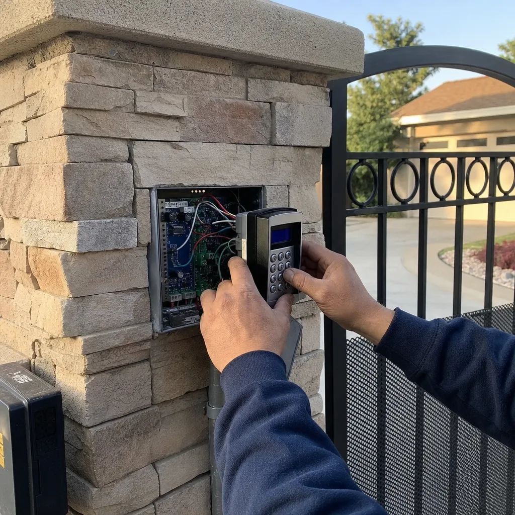 Technician installing digital gate access control keypad on stone pillar in Walnut, CA