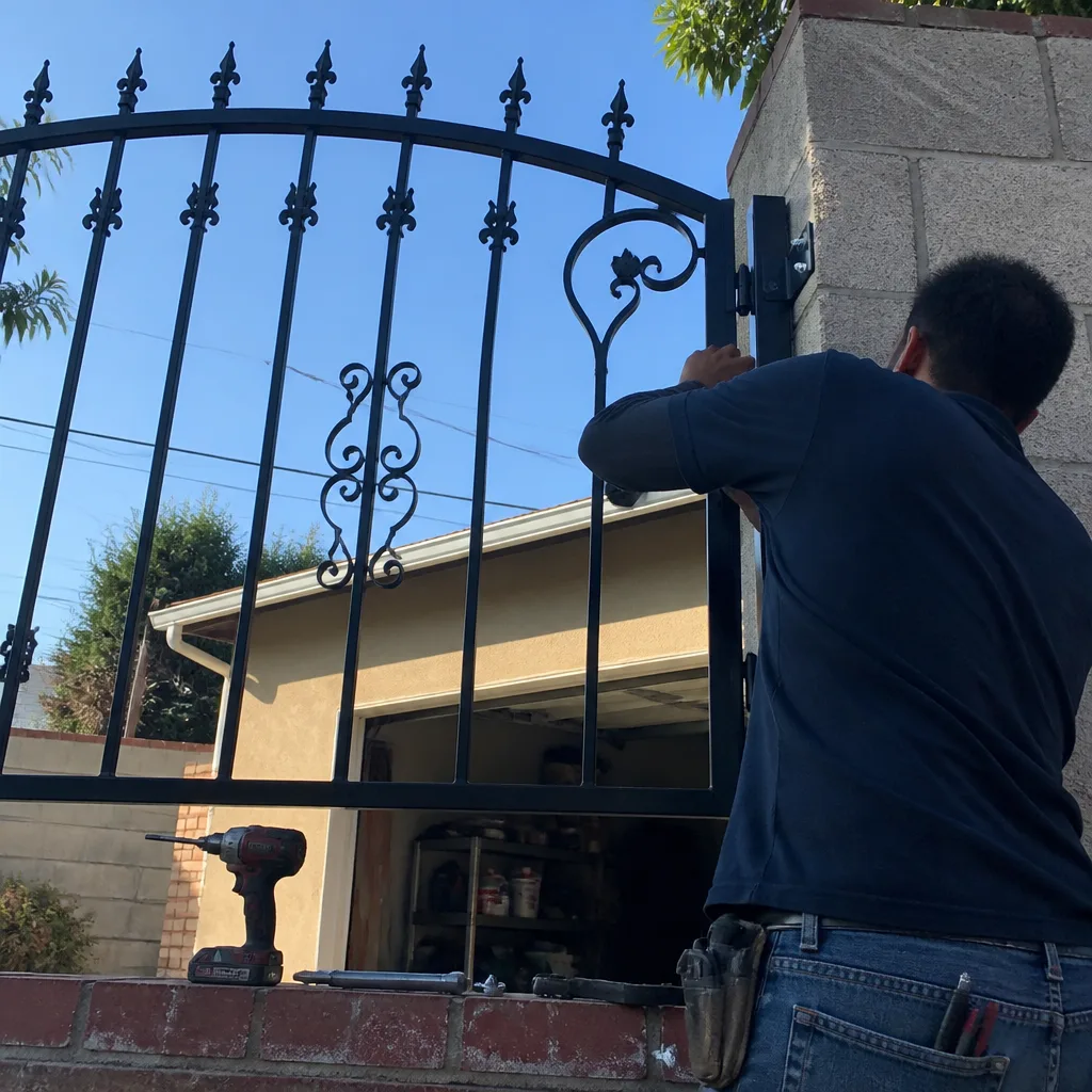 Professional contractor installing a decorative wrought iron gate on a wall