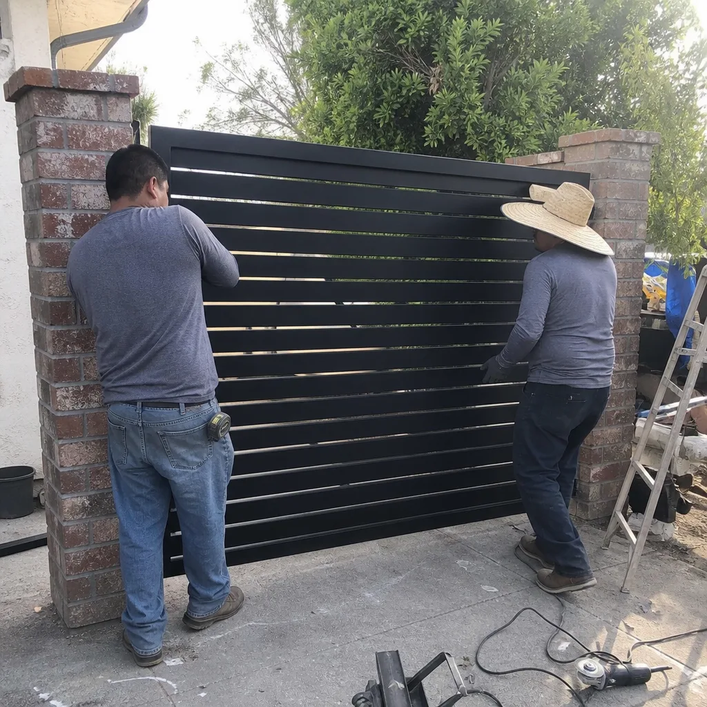 Two professionals installing a modern metal driveway gate between brick pillars