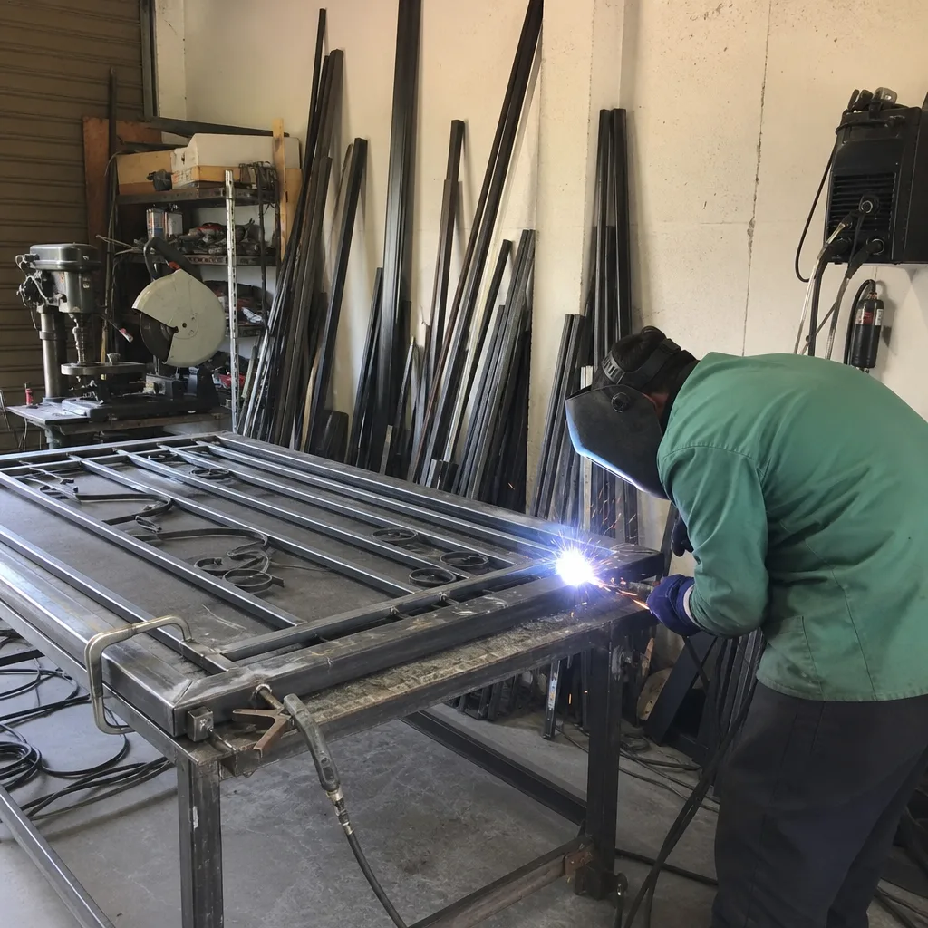 Welder performing custom gate repair and metal fabrication in a workshop in Montclair, CA