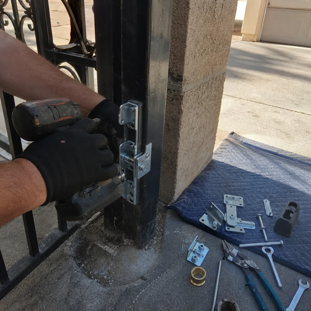 Technician using a power drill to repair a residential metal gate